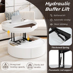 White Round Lift Coffee Table with 1 Drawer in 29.5', Marble and Wood Grain Tabletop