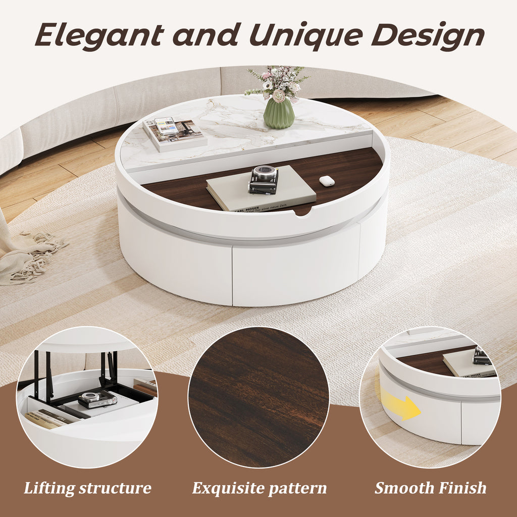 White Round Lift Coffee Table with 1 Drawer in 29.5', Marble and Wood Grain Tabletop