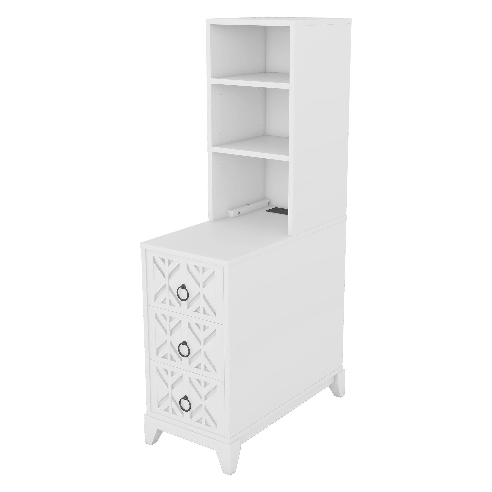 Elegant White Rubber Wood End Table with 3 Drawers.