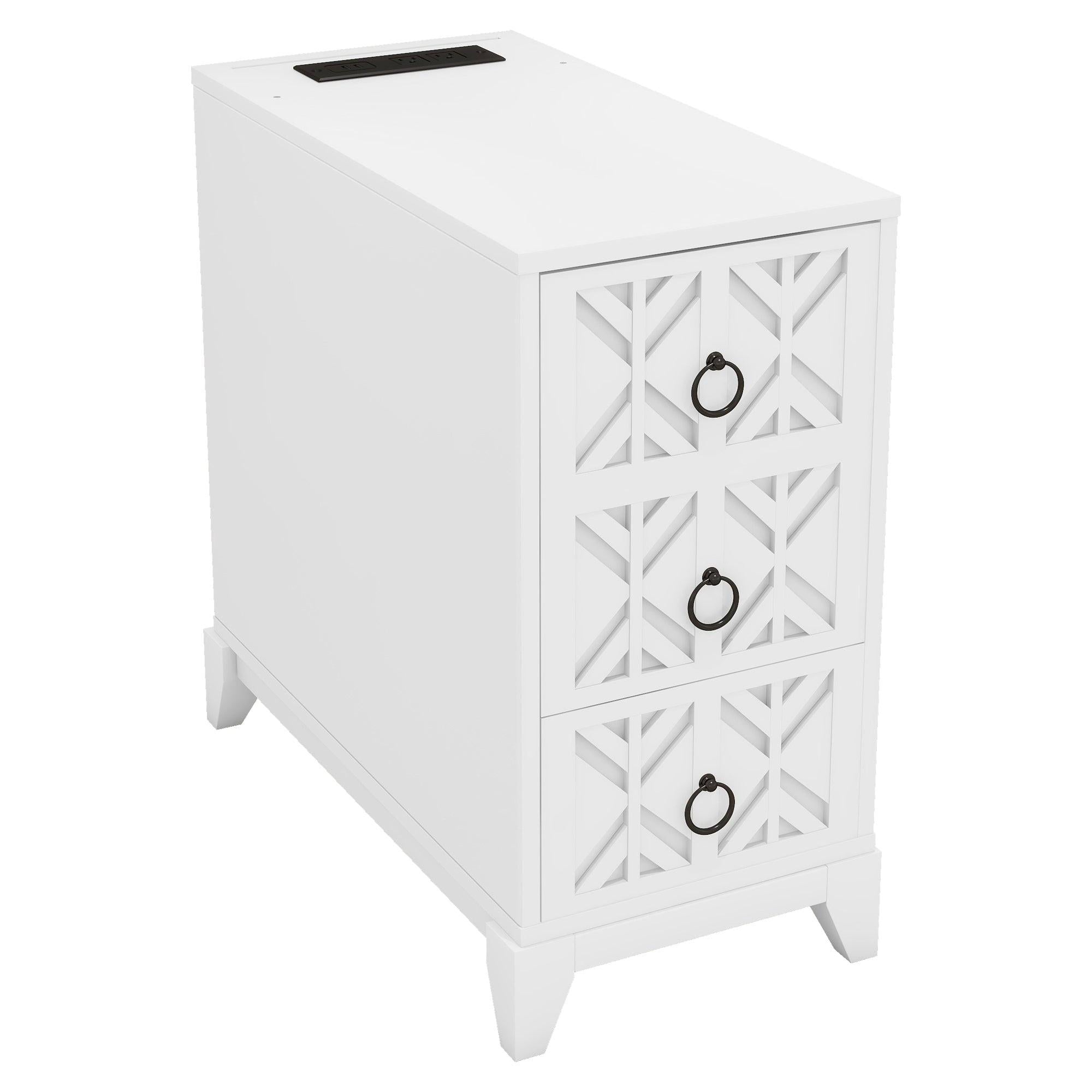 Elegant White Rubber Wood End Table with 3 Drawers.