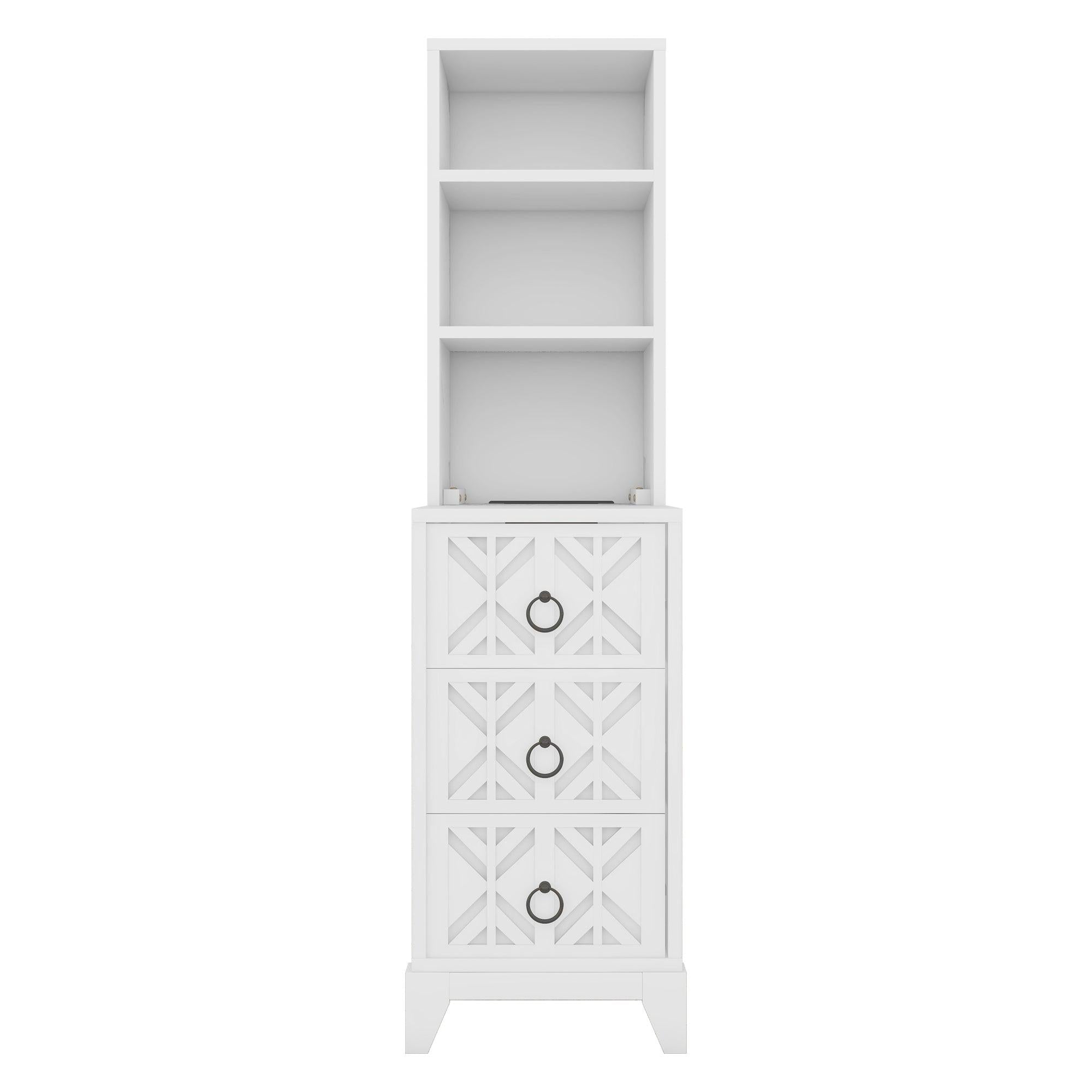 Elegant White Rubber Wood End Table with 3 Drawers.