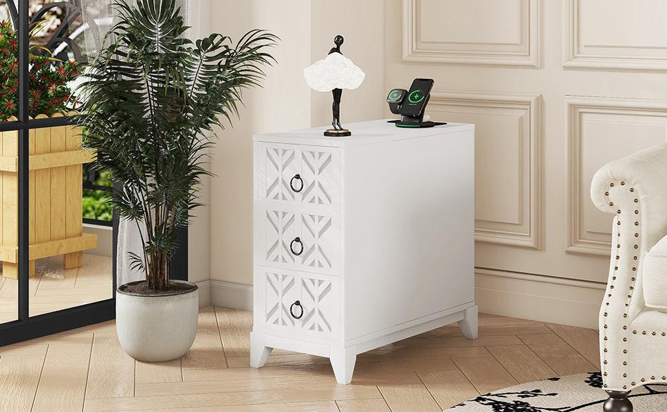 Elegant White Rubber Wood End Table with 3 Drawers.