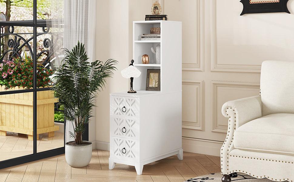 Elegant White Rubber Wood End Table with 3 Drawers.