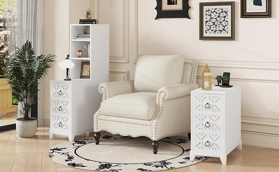 Elegant White Rubber Wood End Table with 3 Drawers.