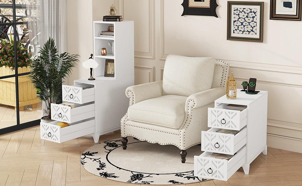 Elegant White Rubber Wood End Table with 3 Drawers.