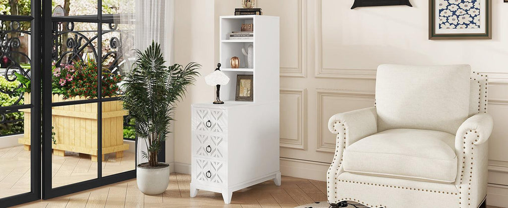 Elegant White Rubber Wood End Table with 3 Drawers.