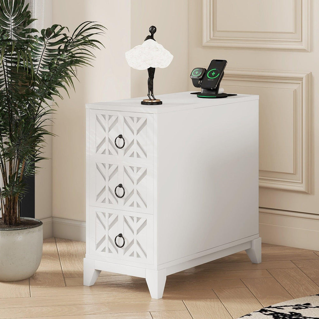 Elegant White Rubber Wood End Table with 3 Drawers.