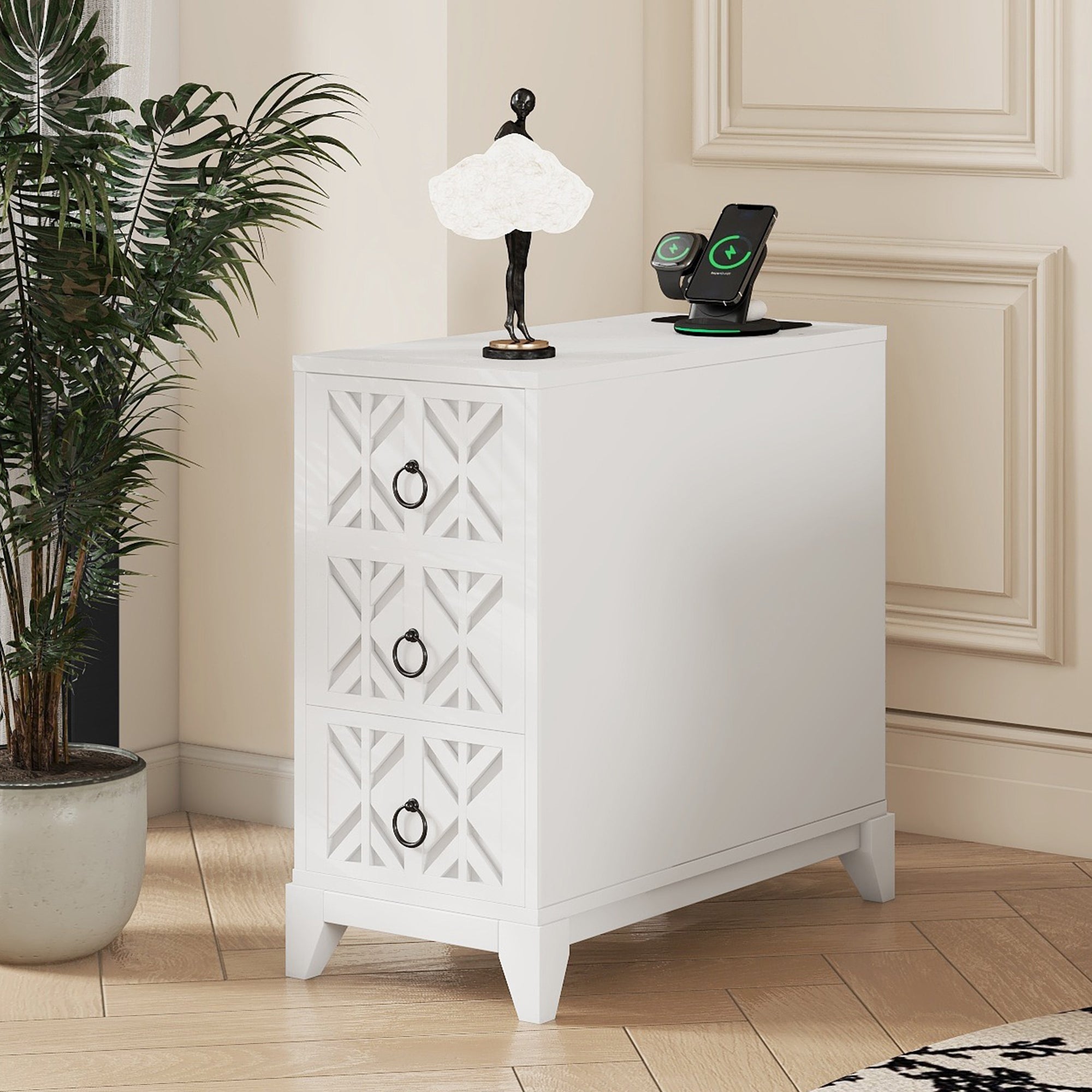 End Table with 3 Drawers, Corner Table with 2 Open Shelves, Tall Side Table for Bedroom and Corner, White,Expect Arrival Date (2025/5/27)
