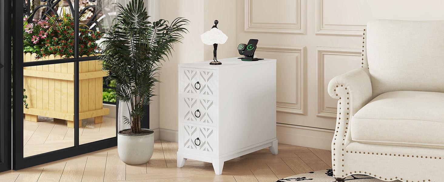 Elegant White Rubber Wood End Table with 3 Drawers.