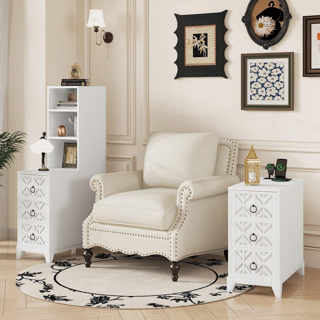 Elegant White Rubber Wood End Table with 3 Drawers.