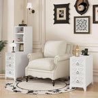 Elegant White Rubber Wood End Table with 3 Drawers.