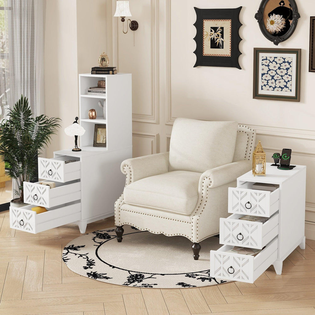 Elegant White Rubber Wood End Table with 3 Drawers.