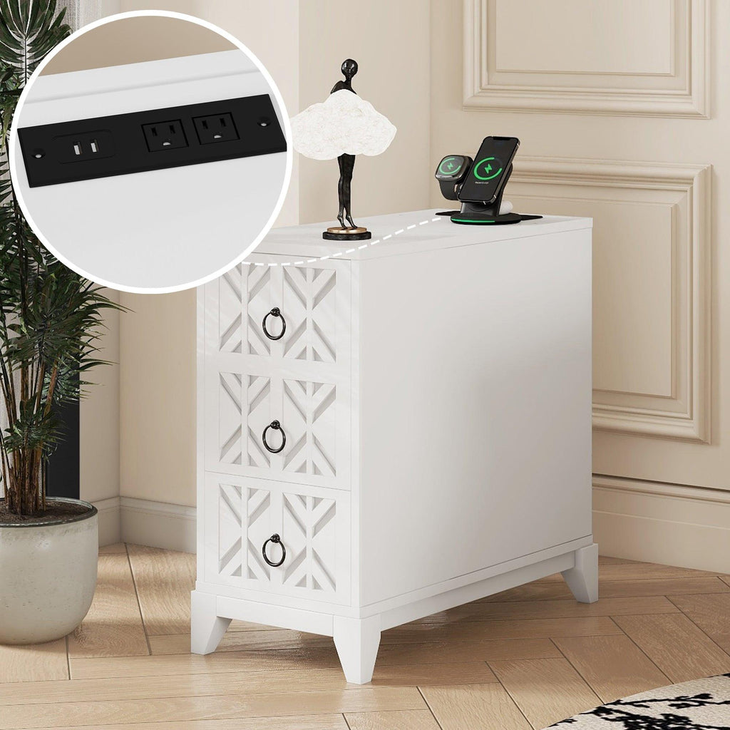 Elegant White Rubber Wood End Table with 3 Drawers.