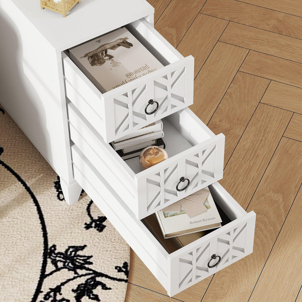 Elegant White Rubber Wood End Table with 3 Drawers.