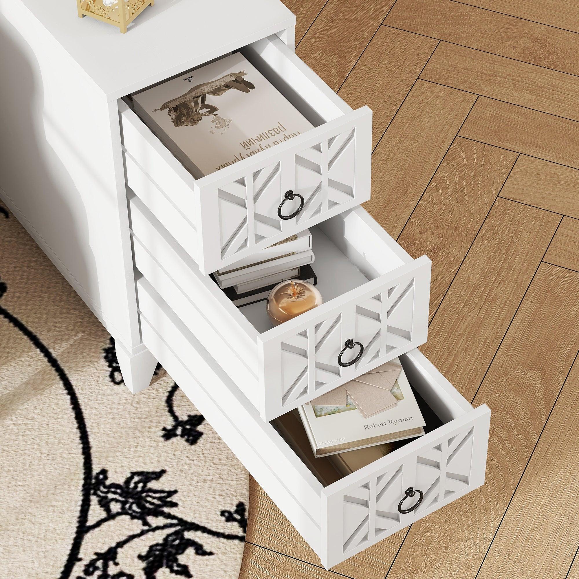 Elegant White Rubber Wood End Table with 3 Drawers.
