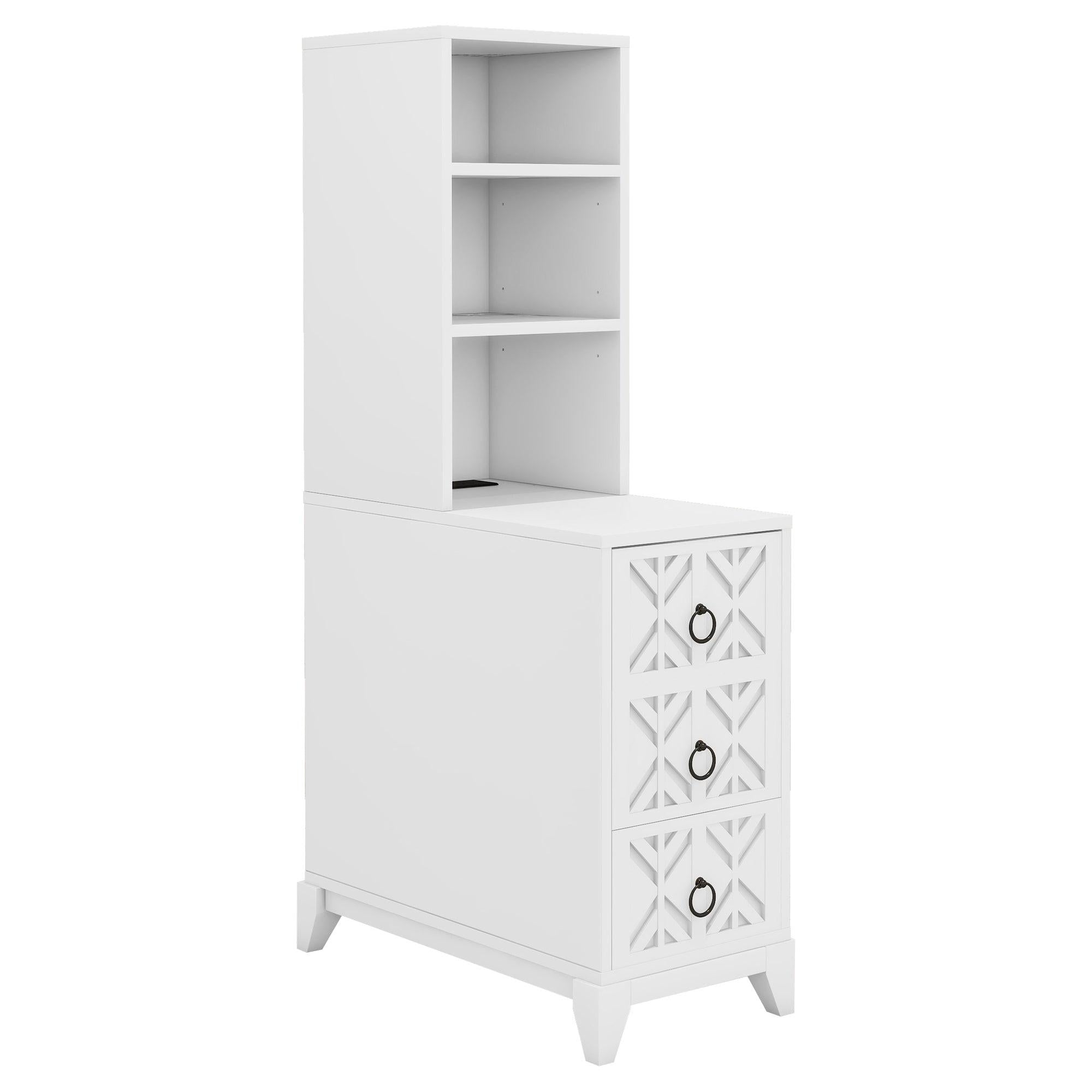 Elegant White Rubber Wood End Table with 3 Drawers.