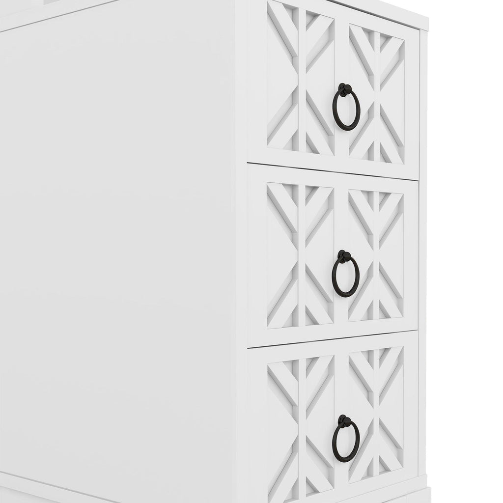 Elegant White Rubber Wood End Table with 3 Drawers.