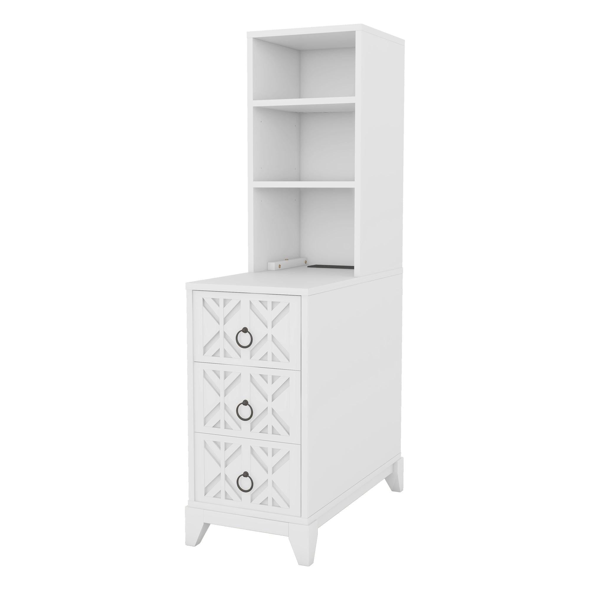 Elegant White Rubber Wood End Table with 3 Drawers.
