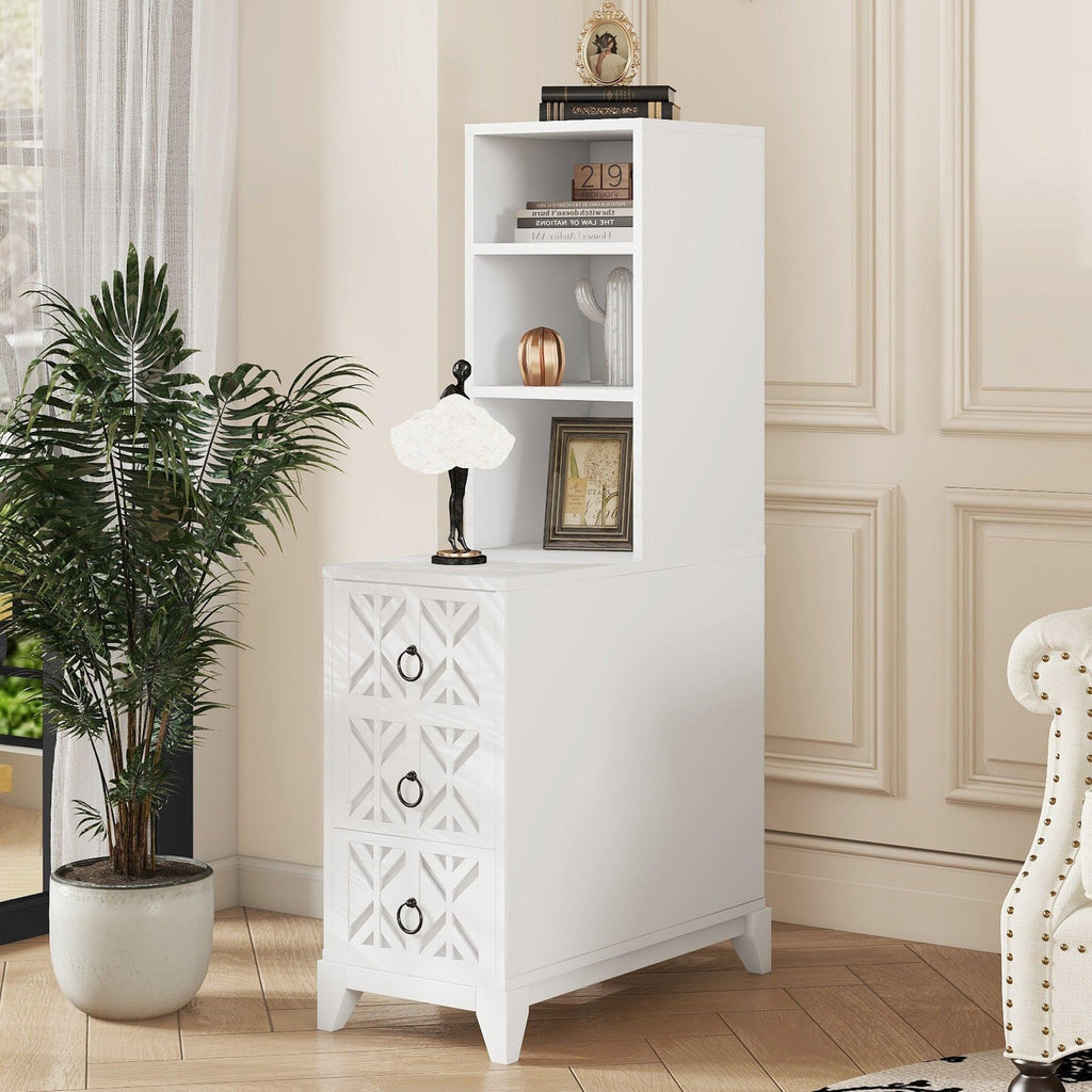 Elegant White Rubber Wood End Table with 3 Drawers.