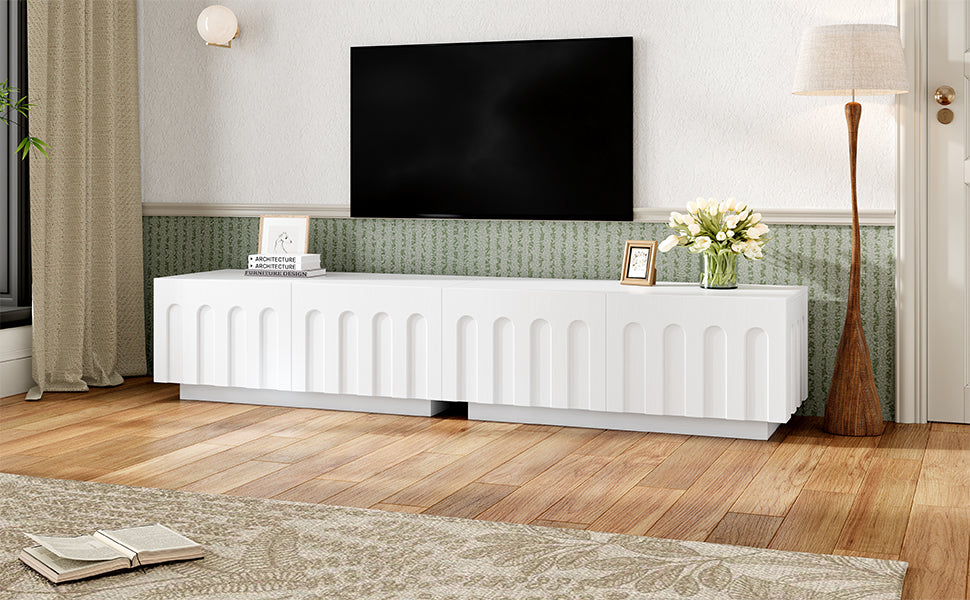 ON-TREND Elegant TV Stand with Arched Design for TVs Up to 80', Modern Dual Purpose Coffee Table with 4 Drawers, Multi-Functional Organizer Cabinet with Storage for Living Room, Bedroom, White