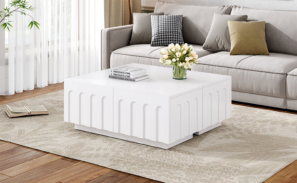 ON-TREND Elegant TV Stand with Arched Design for TVs Up to 80', Modern Dual Purpose Coffee Table with 4 Drawers, Multi-Functional Organizer Cabinet with Storage for Living Room, Bedroom, White