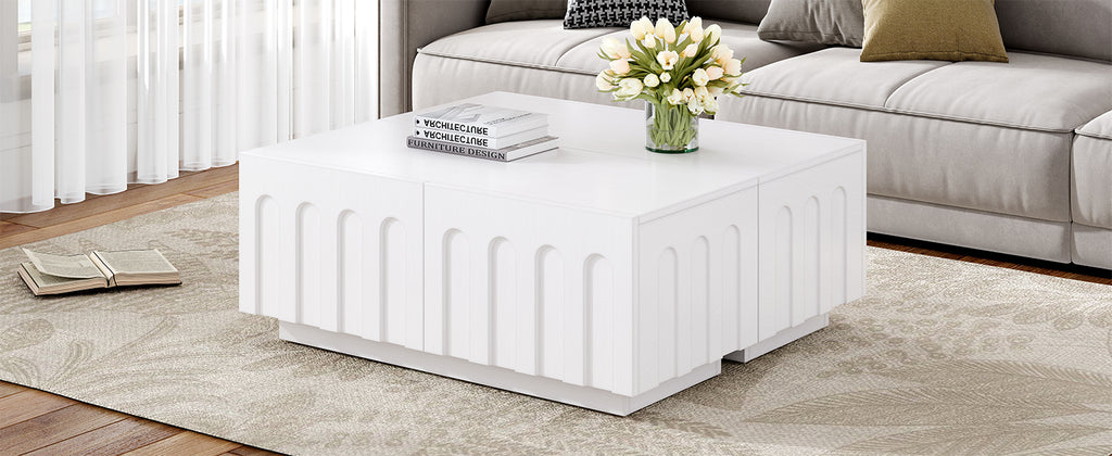 ON-TREND Elegant TV Stand with Arched Design for TVs Up to 80', Modern Dual Purpose Coffee Table with 4 Drawers, Multi-Functional Organizer Cabinet with Storage for Living Room, Bedroom, White