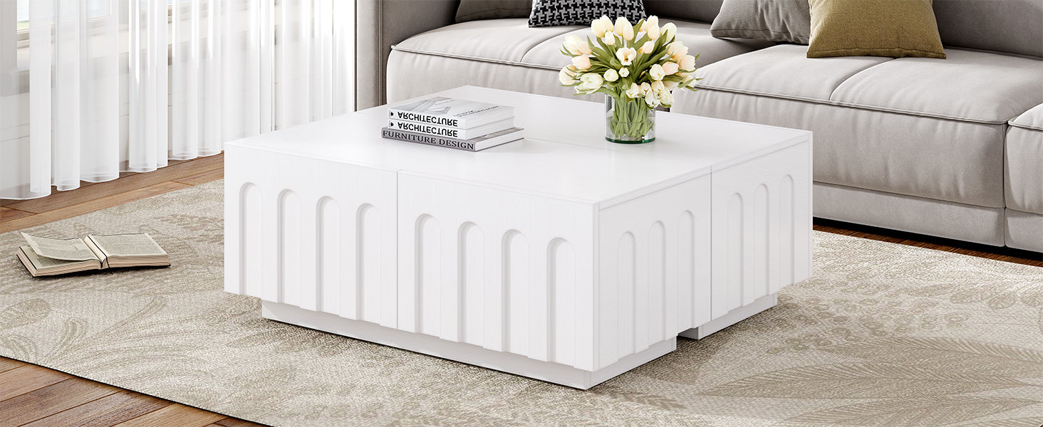 ON-TREND Elegant TV Stand with Arched Design for TVs Up to 80', Modern Dual Purpose Coffee Table with 4 Drawers, Multi-Functional Organizer Cabinet with Storage for Living Room, Bedroom, White