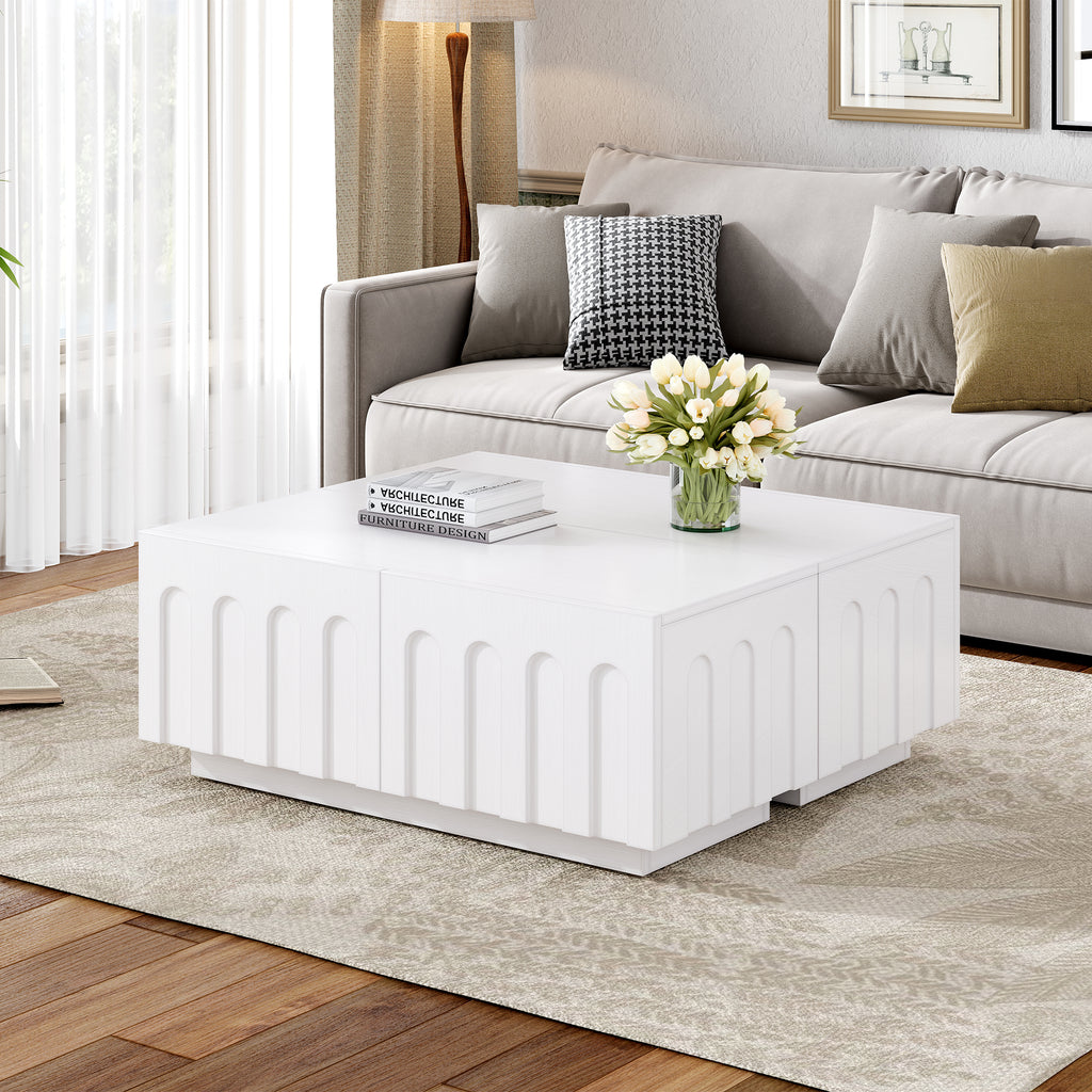 ON-TREND Elegant TV Stand with Arched Design for TVs Up to 80', Modern Dual Purpose Coffee Table with 4 Drawers, Multi-Functional Organizer Cabinet with Storage for Living Room, Bedroom, White