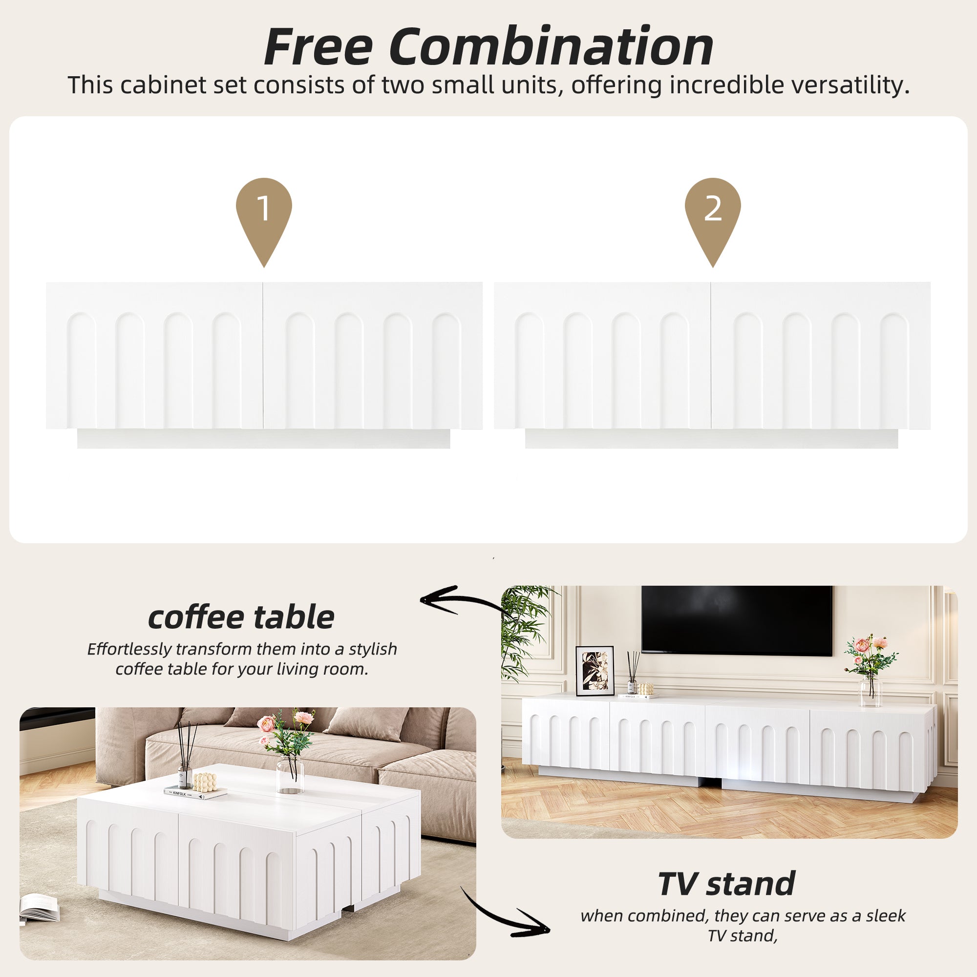 ON-TREND Elegant TV Stand with Arched Design for TVs Up to 80', Modern Dual Purpose Coffee Table with 4 Drawers, Multi-Functional Organizer Cabinet with Storage for Living Room, Bedroom, White