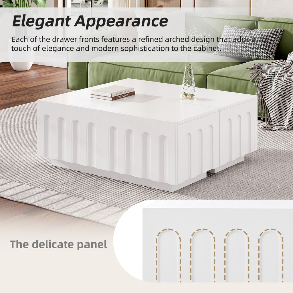 ON-TREND Elegant TV Stand with Arched Design for TVs Up to 80', Modern Dual Purpose Coffee Table with 4 Drawers, Multi-Functional Organizer Cabinet with Storage for Living Room, Bedroom, White