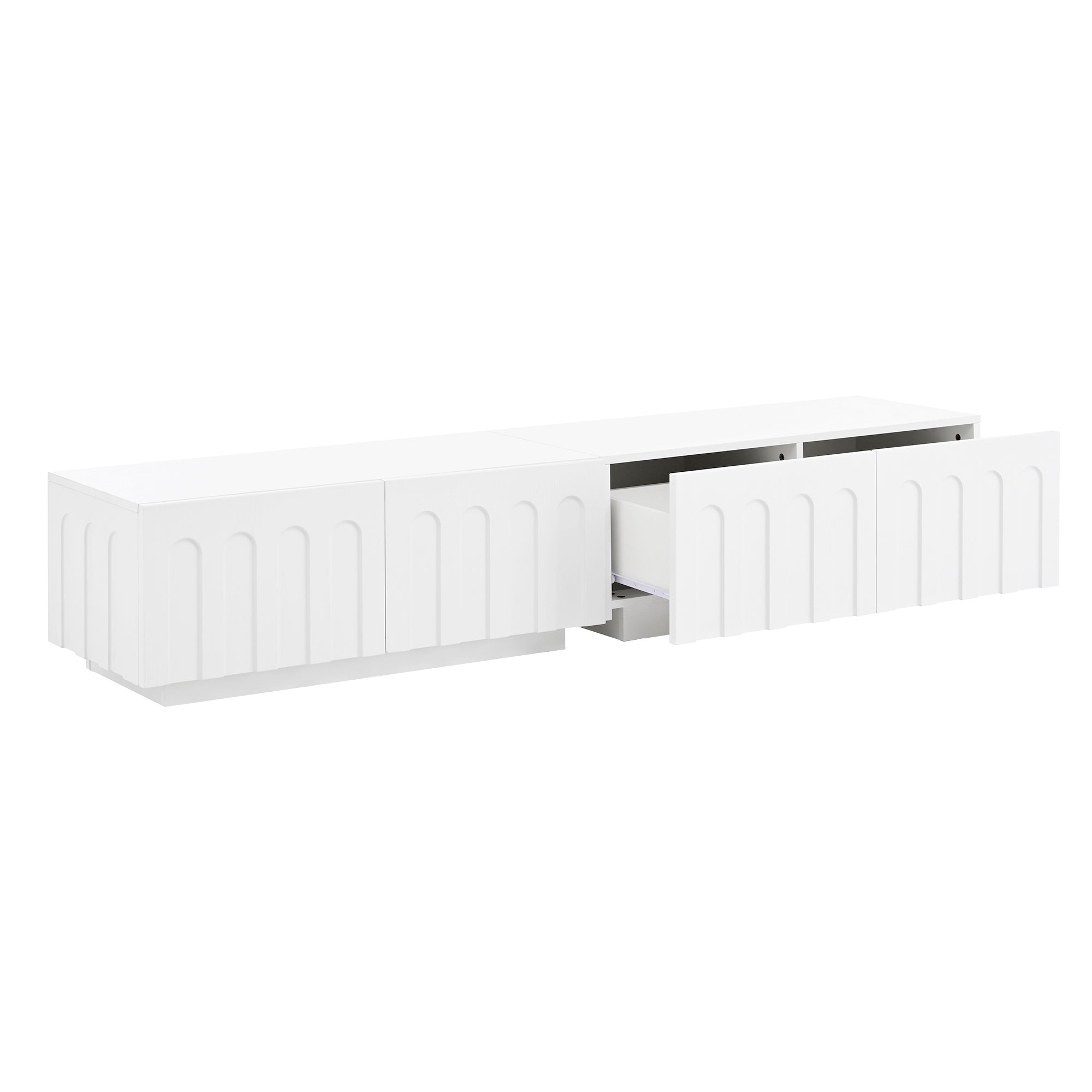 ON-TREND Elegant TV Stand with Arched Design for TVs Up to 80', Modern Dual Purpose Coffee Table with 4 Drawers, Multi-Functional Organizer Cabinet with Storage for Living Room, Bedroom, White