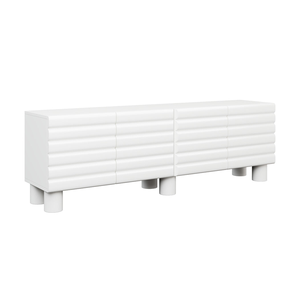 Stylish Thick Wavy Door TV Cabinet with Adjustable Shelves, Cream Style TV Stand with 4 Cabinets for TVs Up to 75', Solid Media Console with Cylindrical Legs and Cable Holes for Living Room, White