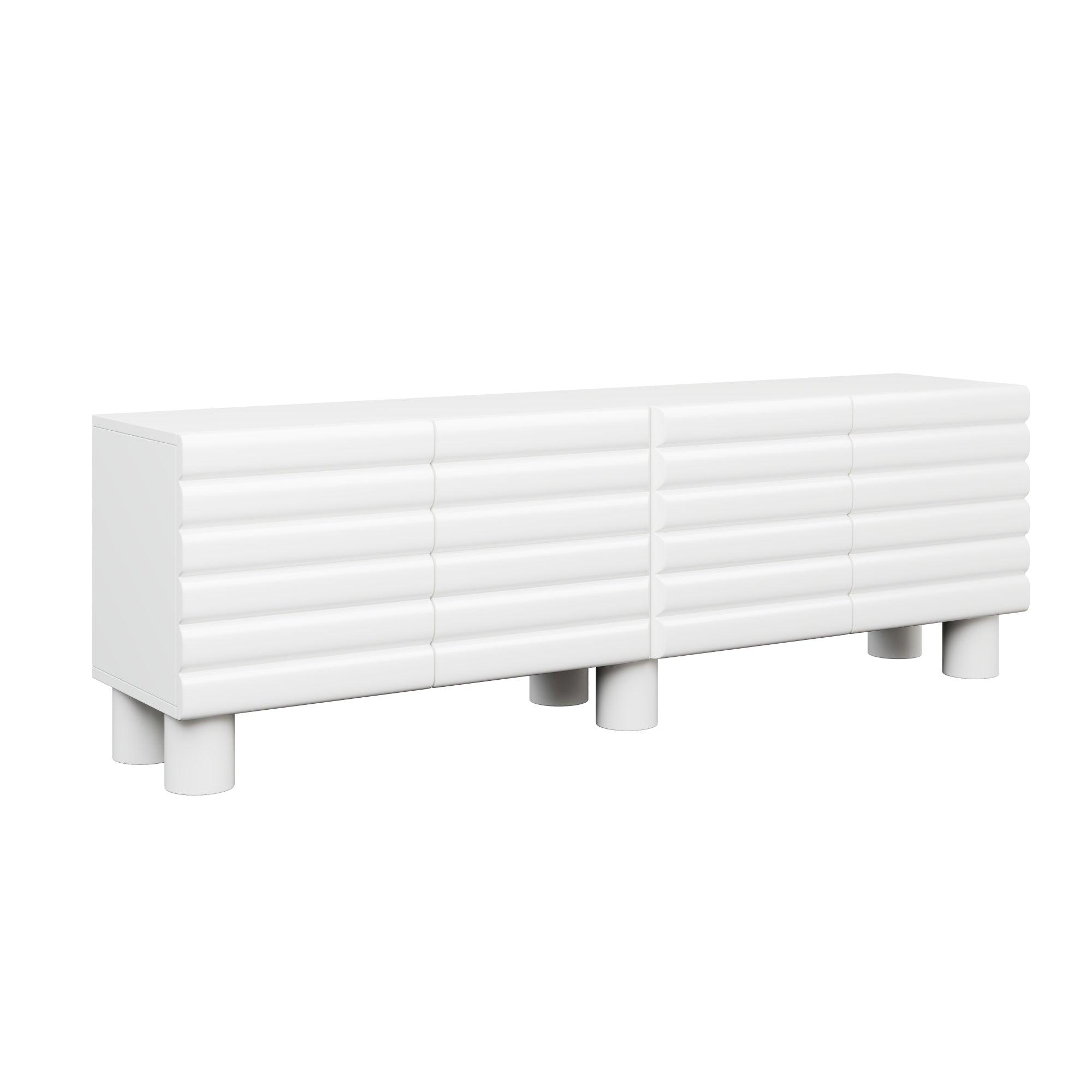 Stylish Thick Wavy Door TV Cabinet with Adjustable Shelves, Cream Style TV Stand with 4 Cabinets for TVs Up to 75', Solid Media Console with Cylindrical Legs and Cable Holes for Living Room, White