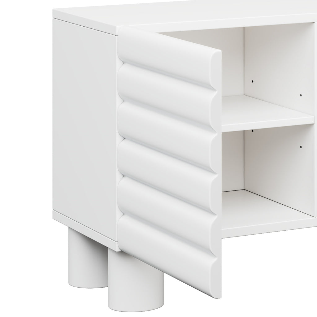 Stylish Thick Wavy Door TV Cabinet with Adjustable Shelves, Cream Style TV Stand with 4 Cabinets for TVs Up to 75', Solid Media Console with Cylindrical Legs and Cable Holes for Living Room, White