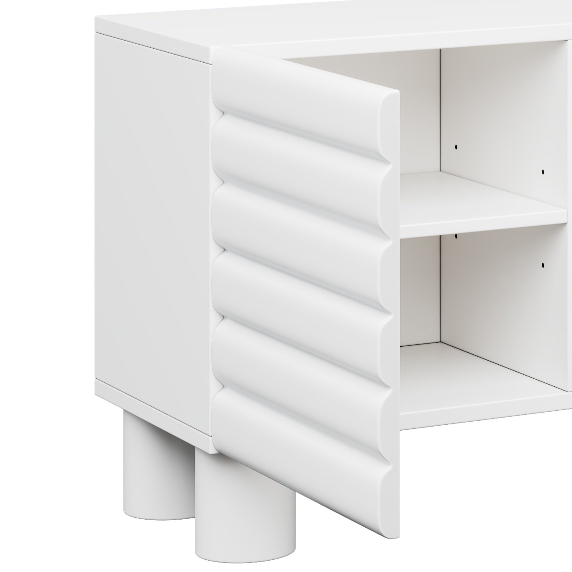 Stylish Thick Wavy Door TV Cabinet with Adjustable Shelves, Cream Style TV Stand with 4 Cabinets for TVs Up to 75', Solid Media Console with Cylindrical Legs and Cable Holes for Living Room, White