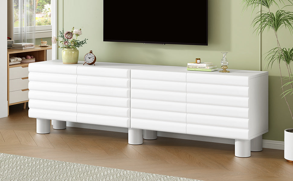 Stylish Thick Wavy Door TV Cabinet with Adjustable Shelves, Cream Style TV Stand with 4 Cabinets for TVs Up to 75', Solid Media Console with Cylindrical Legs and Cable Holes for Living Room, White