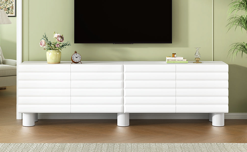 Stylish Thick Wavy Door TV Cabinet with Adjustable Shelves, Cream Style TV Stand with 4 Cabinets for TVs Up to 75', Solid Media Console with Cylindrical Legs and Cable Holes for Living Room, White