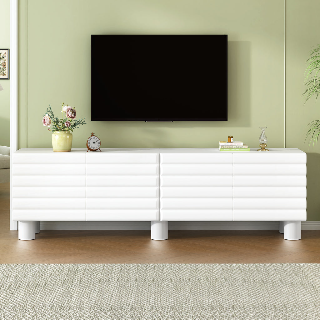 Stylish Thick Wavy Door TV Cabinet with Adjustable Shelves, Cream Style TV Stand with 4 Cabinets for TVs Up to 75', Solid Media Console with Cylindrical Legs and Cable Holes for Living Room, White