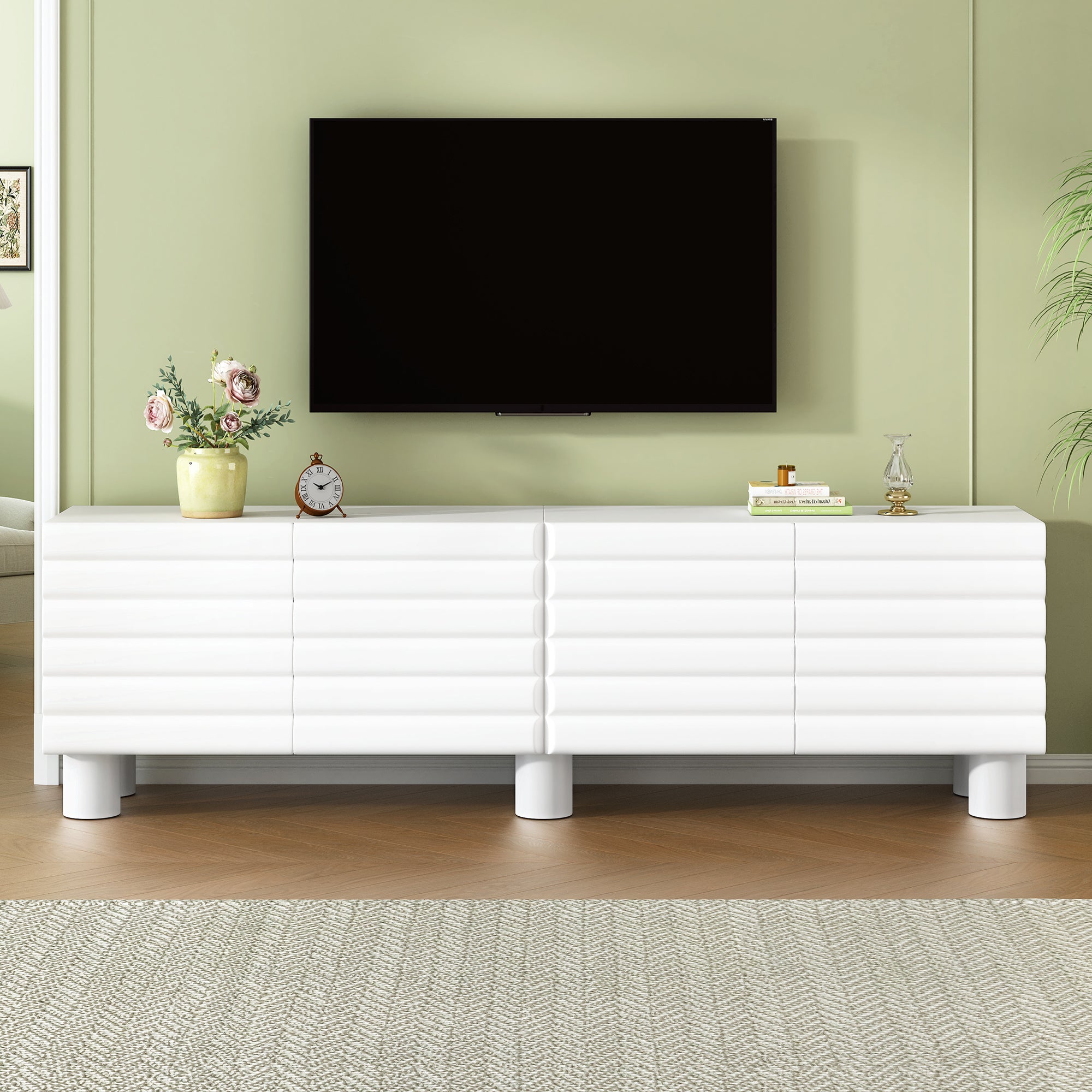 Stylish Thick Wavy Door TV Cabinet with Adjustable Shelves, Cream Style TV Stand with 4 Cabinets for TVs Up to 75', Solid Media Console with Cylindrical Legs and Cable Holes for Living Room, White