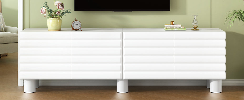 Stylish Thick Wavy Door TV Cabinet with Adjustable Shelves, Cream Style TV Stand with 4 Cabinets for TVs Up to 75', Solid Media Console with Cylindrical Legs and Cable Holes for Living Room, White