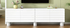 Stylish Thick Wavy Door TV Cabinet with Adjustable Shelves, Cream Style TV Stand with 4 Cabinets for TVs Up to 75', Solid Media Console with Cylindrical Legs and Cable Holes for Living Room, White