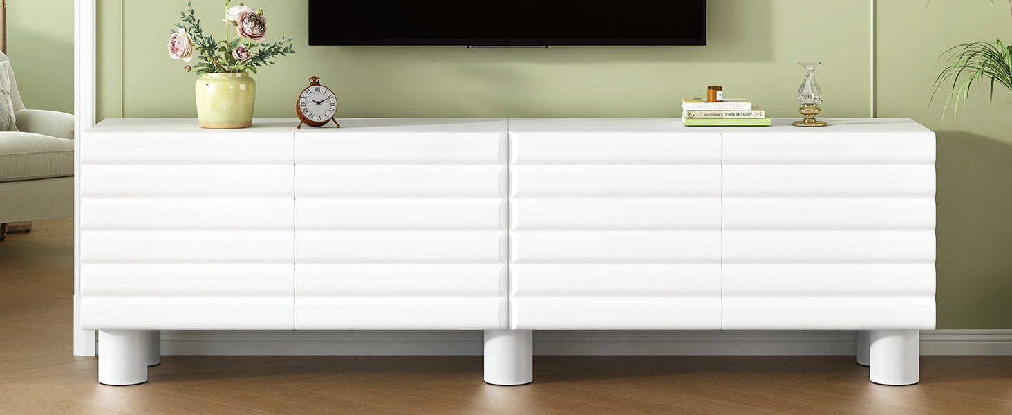 Stylish Thick Wavy Door TV Cabinet with Adjustable Shelves, Cream Style TV Stand with 4 Cabinets for TVs Up to 75', Solid Media Console with Cylindrical Legs and Cable Holes for Living Room, White
