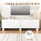 Stylish Thick Wavy Door TV Cabinet with Adjustable Shelves, Cream Style TV Stand with 4 Cabinets for TVs Up to 75', Solid Media Console with Cylindrical Legs and Cable Holes for Living Room, White