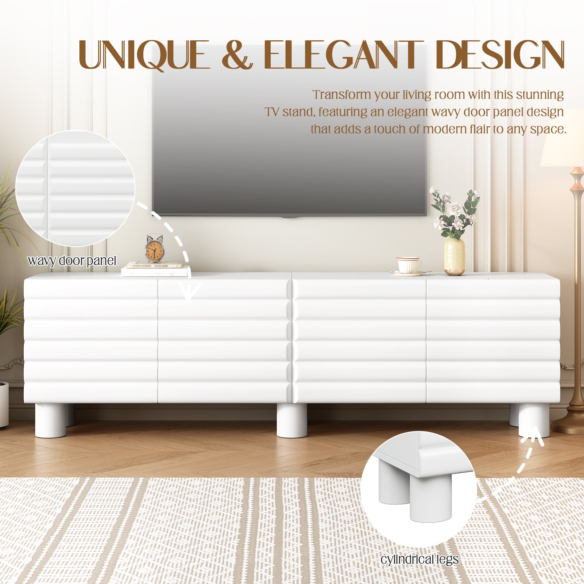 Stylish Thick Wavy Door TV Cabinet with Adjustable Shelves, Cream Style TV Stand with 4 Cabinets for TVs Up to 75', Solid Media Console with Cylindrical Legs and Cable Holes for Living Room, White