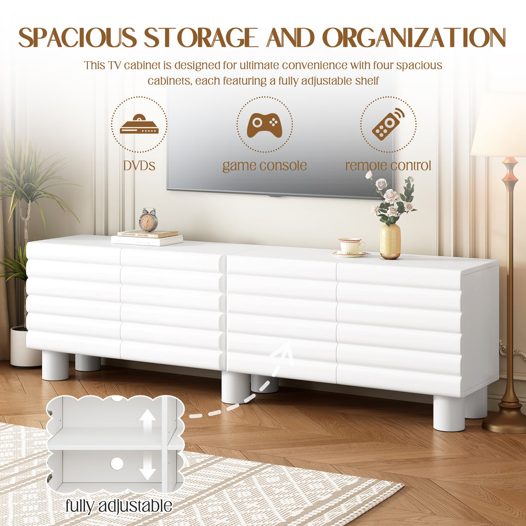 Stylish Thick Wavy Door TV Cabinet with Adjustable Shelves, Cream Style TV Stand with 4 Cabinets for TVs Up to 75', Solid Media Console with Cylindrical Legs and Cable Holes for Living Room, White