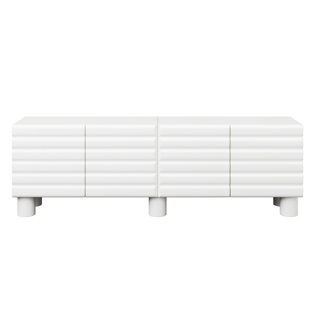 Stylish Thick Wavy Door TV Cabinet with Adjustable Shelves, Cream Style TV Stand with 4 Cabinets for TVs Up to 75', Solid Media Console with Cylindrical Legs and Cable Holes for Living Room, White
