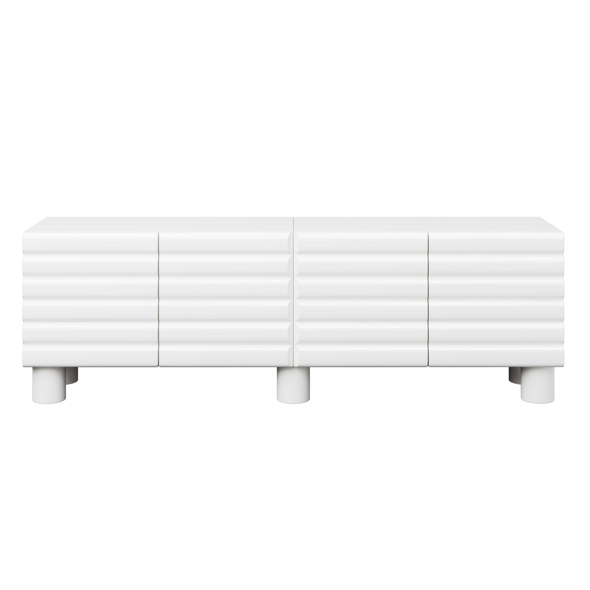 Stylish Thick Wavy Door TV Cabinet with Adjustable Shelves, Cream Style TV Stand with 4 Cabinets for TVs Up to 75', Solid Media Console with Cylindrical Legs and Cable Holes for Living Room, White