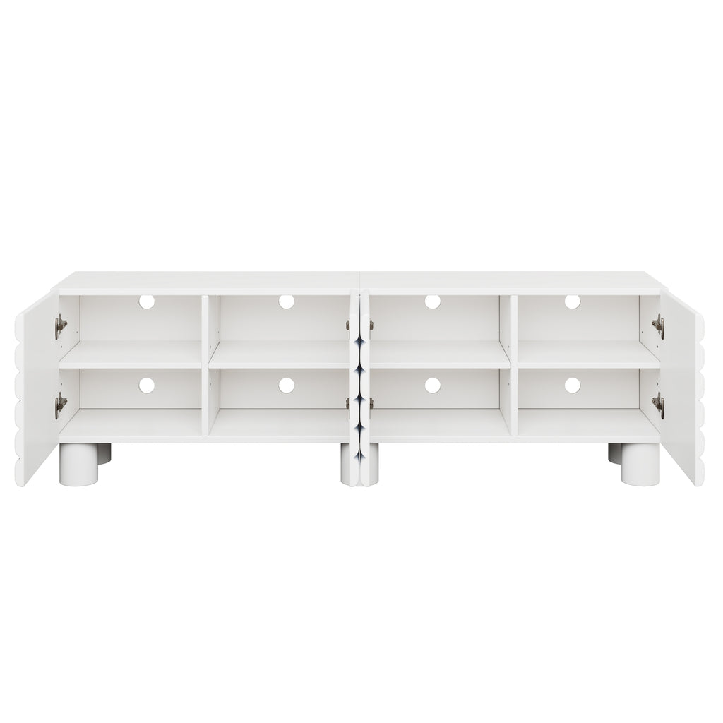 Stylish Thick Wavy Door TV Cabinet with Adjustable Shelves, Cream Style TV Stand with 4 Cabinets for TVs Up to 75', Solid Media Console with Cylindrical Legs and Cable Holes for Living Room, White