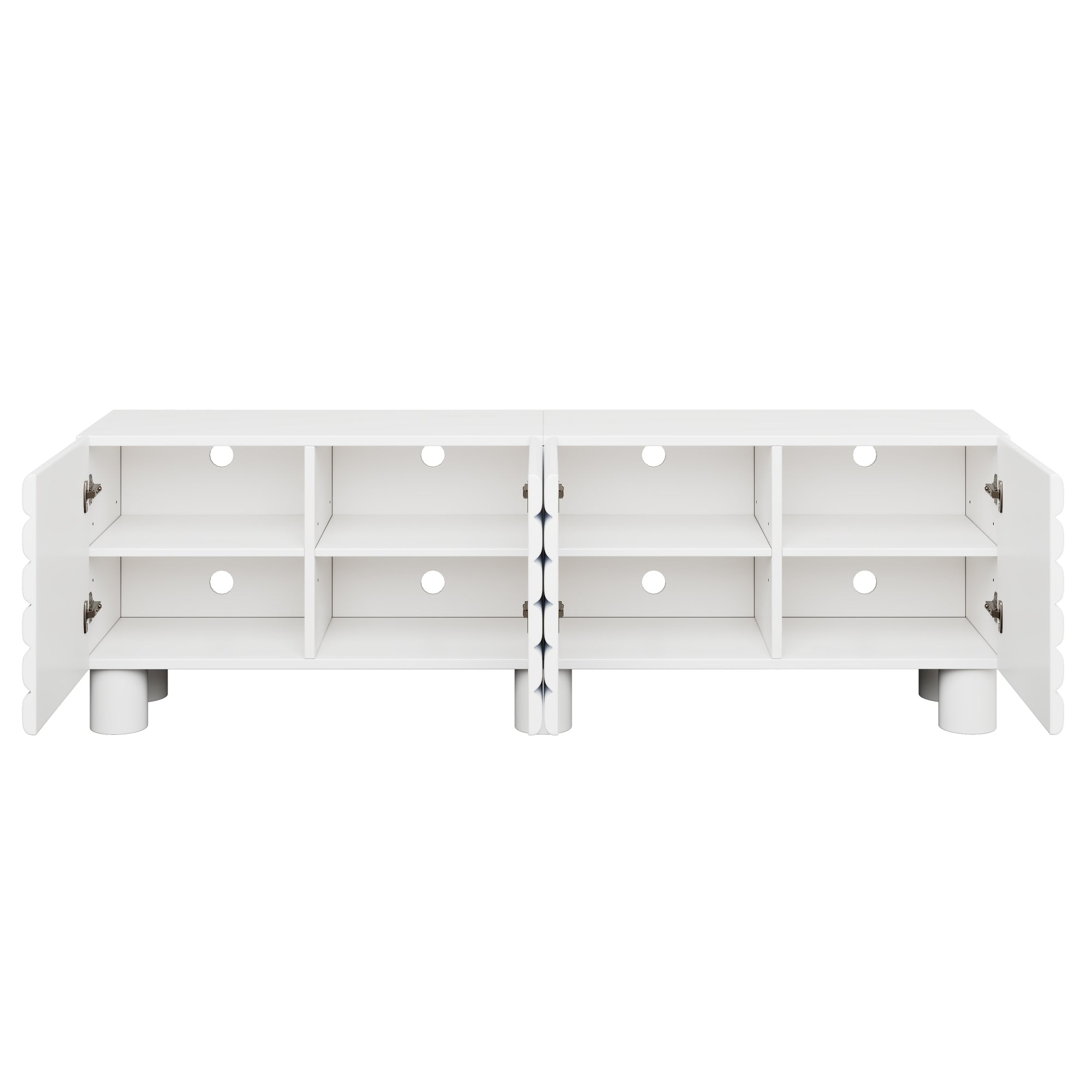 Stylish Thick Wavy Door TV Cabinet with Adjustable Shelves, Cream Style TV Stand with 4 Cabinets for TVs Up to 75', Solid Media Console with Cylindrical Legs and Cable Holes for Living Room, White