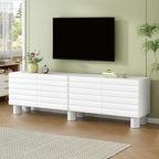 Stylish Thick Wavy Door TV Cabinet with Adjustable Shelves, Cream Style TV Stand with 4 Cabinets for TVs Up to 75', Solid Media Console with Cylindrical Legs and Cable Holes for Living Room, White